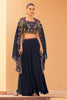 Navy Organza Embroidered Crop-Top Dress With Shruge Stlye Dupatta And Palazzo