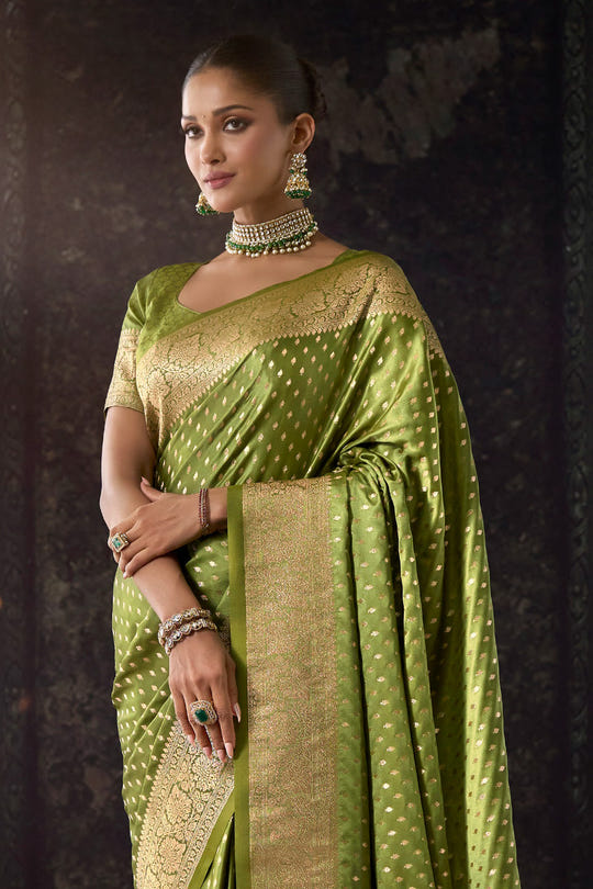 Olive Green Zari Woven Soft Silk Saree