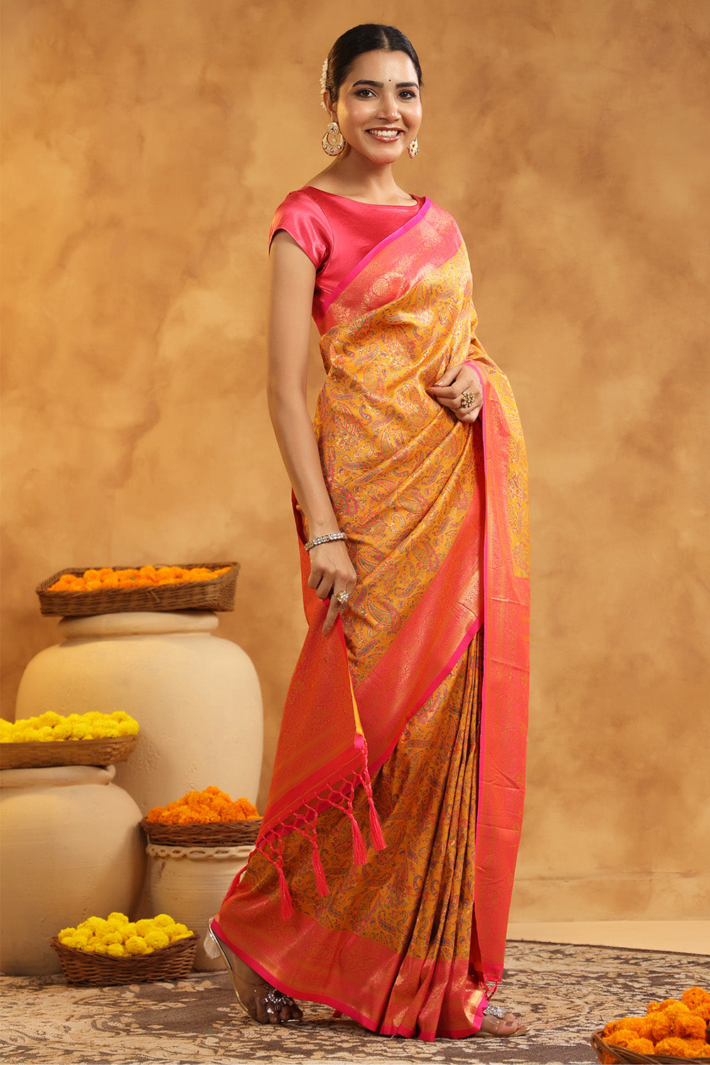 Mustard Color Resham Woven Saree