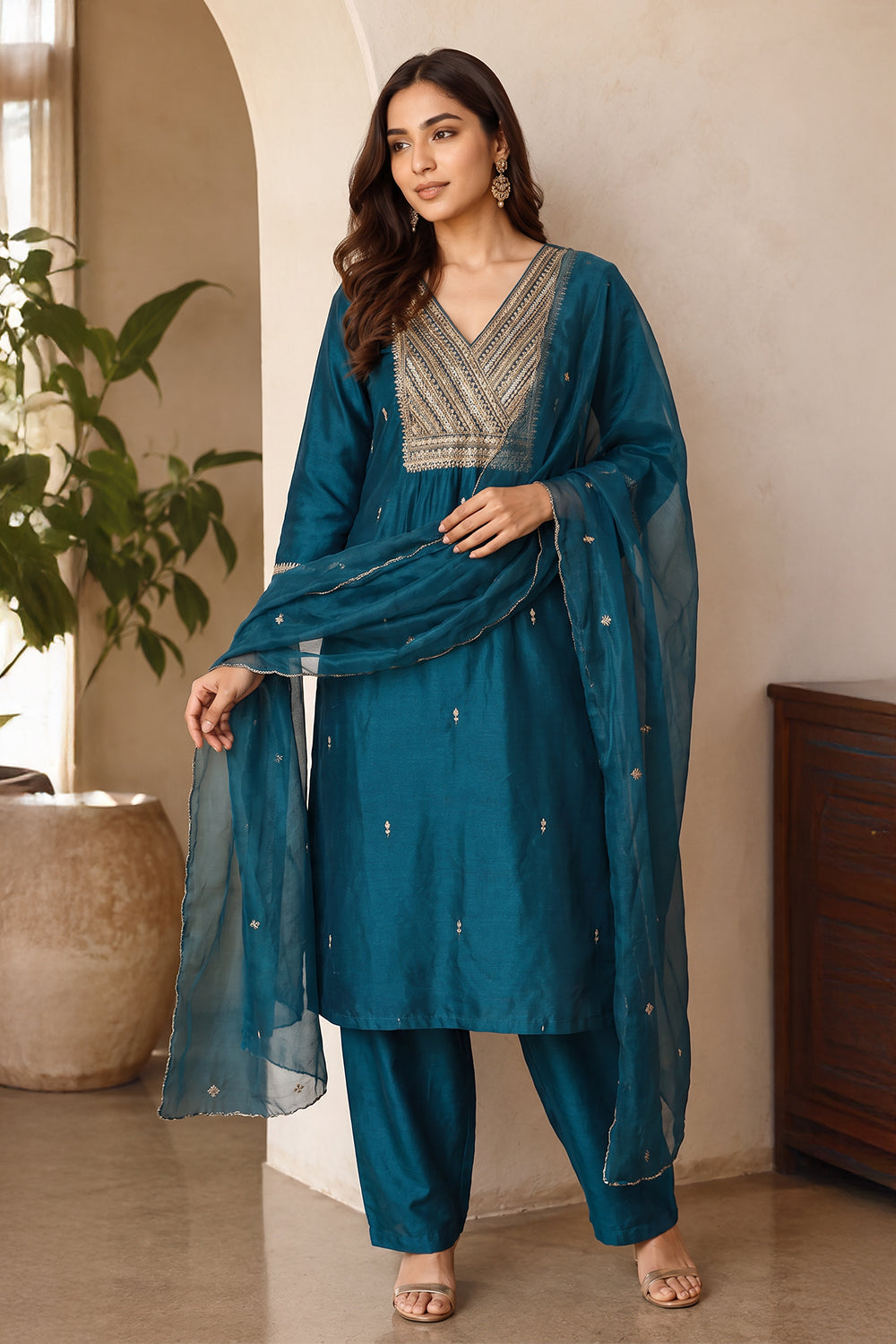 Teal Neck-Embroidered Silk Straight Suit