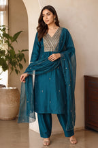Teal Neck-Embroidered Silk Straight Suit