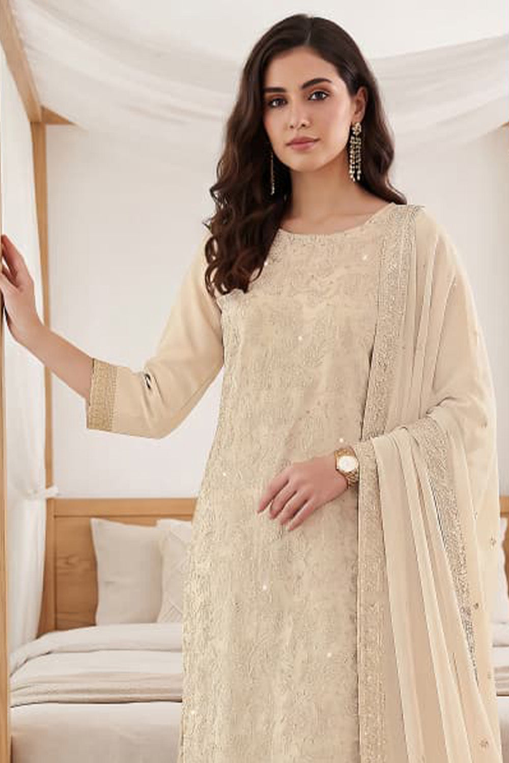 Cream Georgette Resham Embroidered And Swaroski Work Unstitched Suit Material