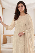 Cream Georgette Resham Embroidered And Swaroski Work Unstitched Suit Material