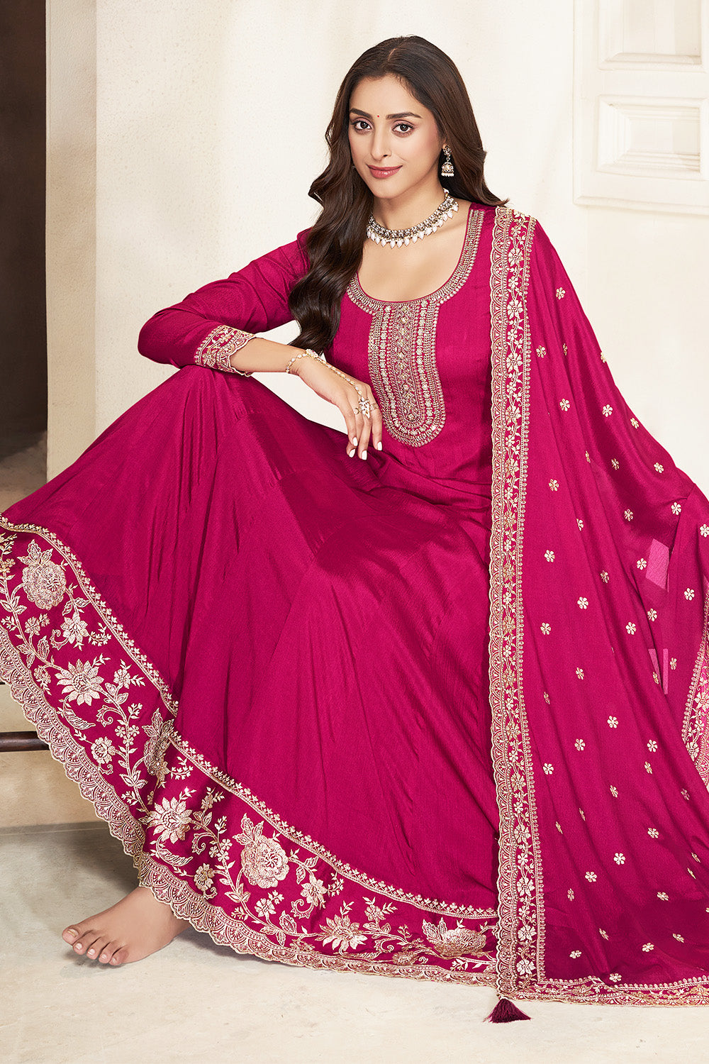 Fuchsia Pink Color Crepe Silk Embroidered Anarkali Kurti With Dupatta