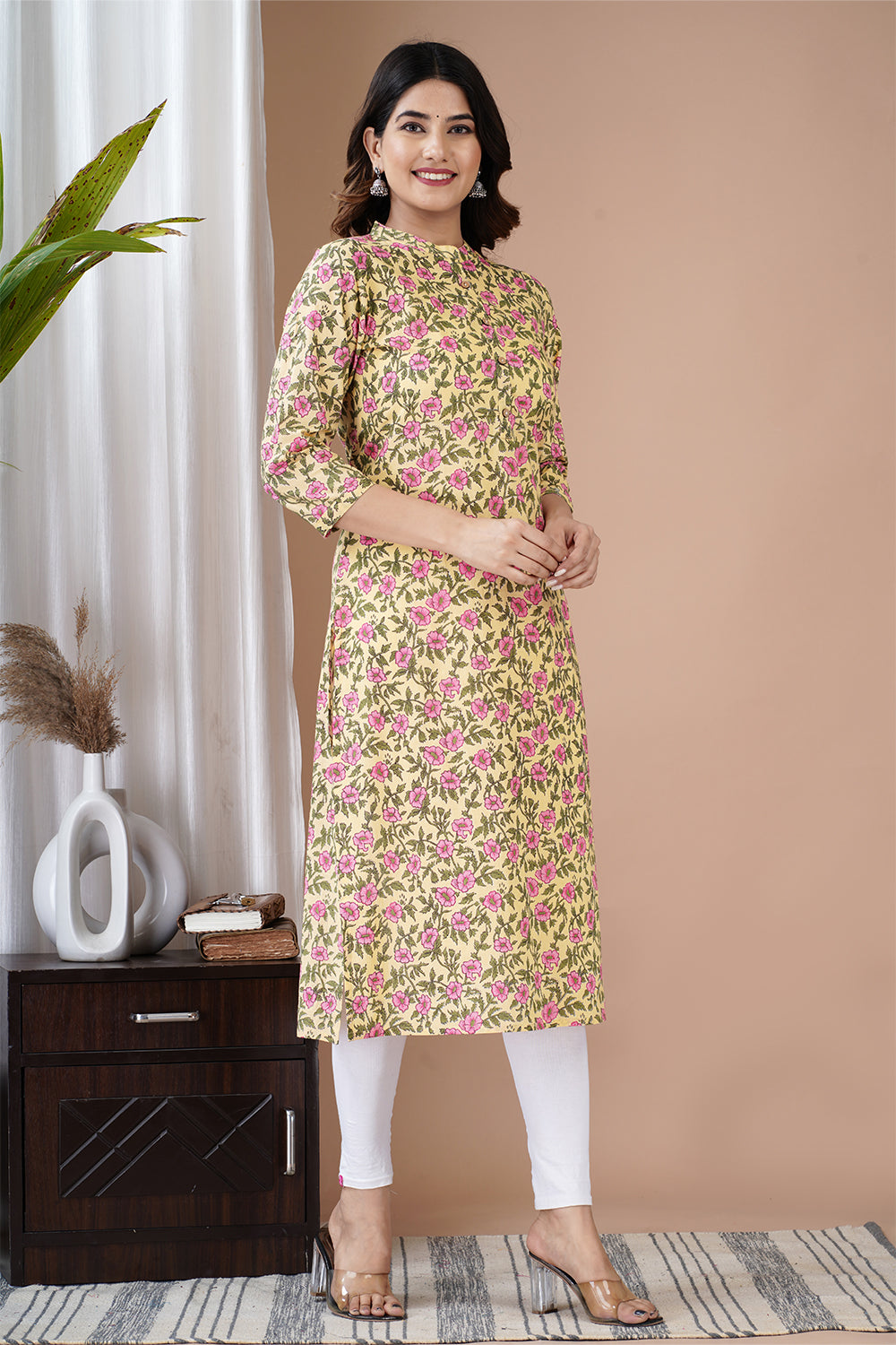 Yellow Color Cotton Floral Printed Kurti