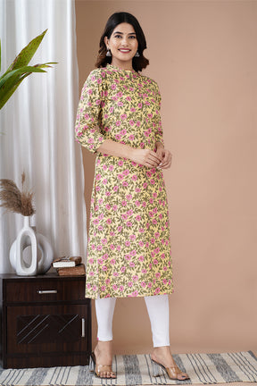 Yellow Color Cotton Floral Printed Kurti
