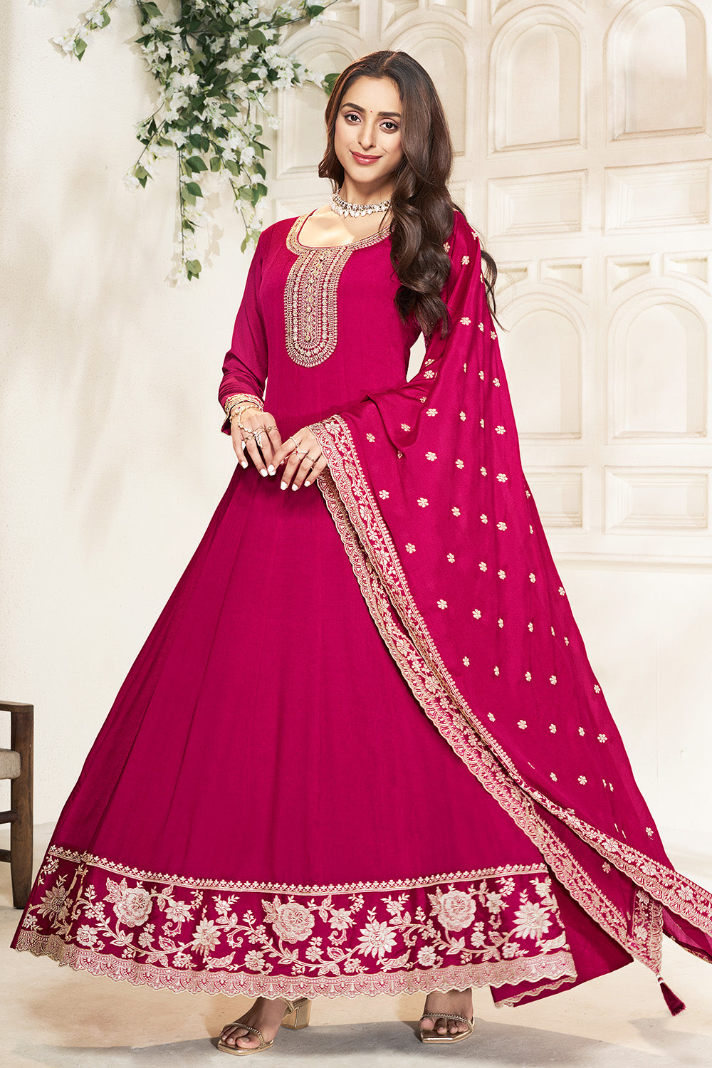Fuchsia Pink Color Crepe Silk Embroidered Anarkali Kurti With Dupatta
