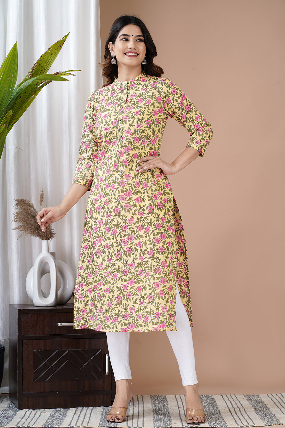 Yellow Color Cotton Floral Printed Kurti