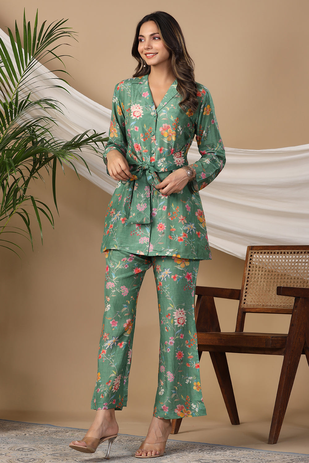 Green Colour Cotton Printed Co-Ord Set