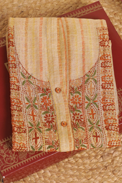 Beige Color Chanderi Cotton Neck Embroidered Unstitched Suit Material