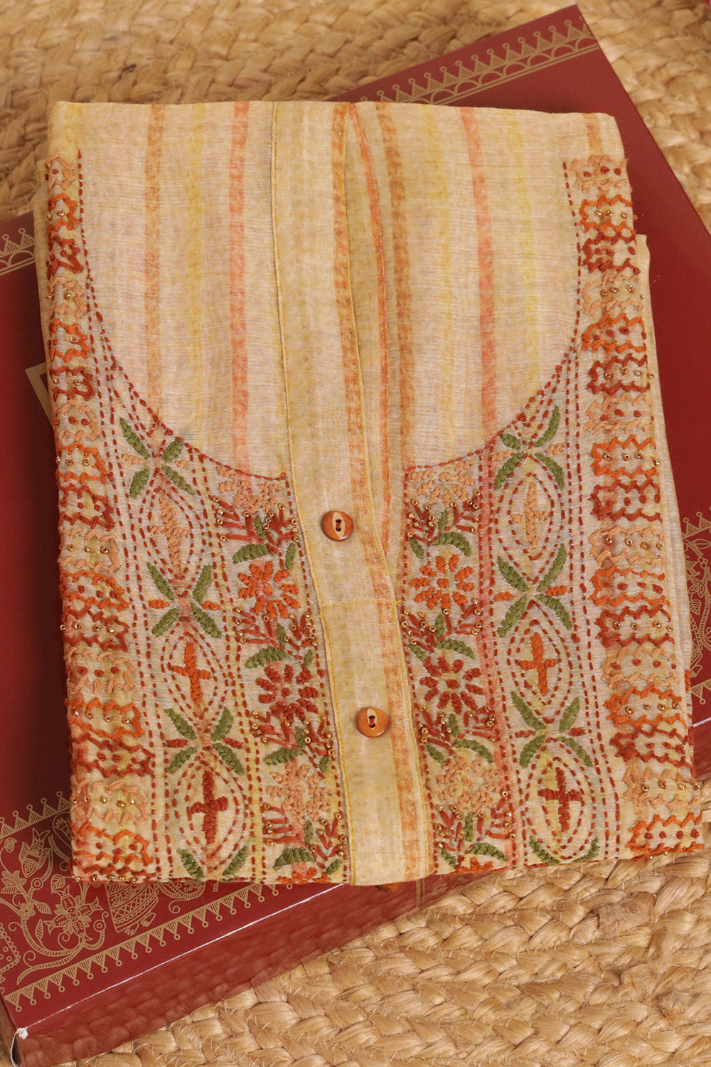 Beige Color Chanderi Cotton Neck Embroidered Unstitched Suit Material