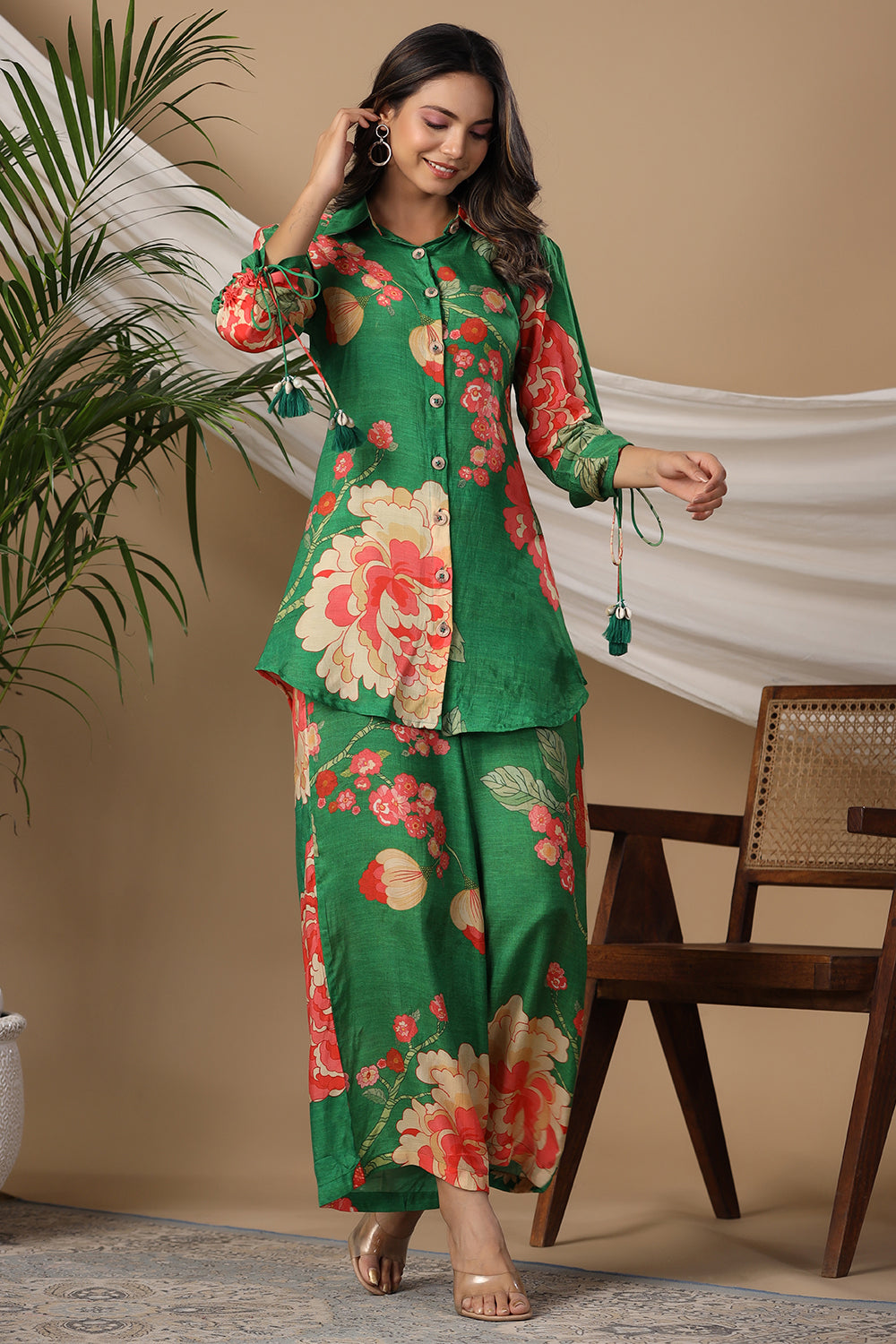 Green Color Muslin Printed Co-Ord Set