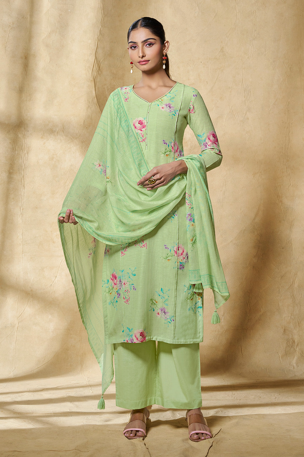 Pista Green Chanderi Cotton Floral Printed Suit Set