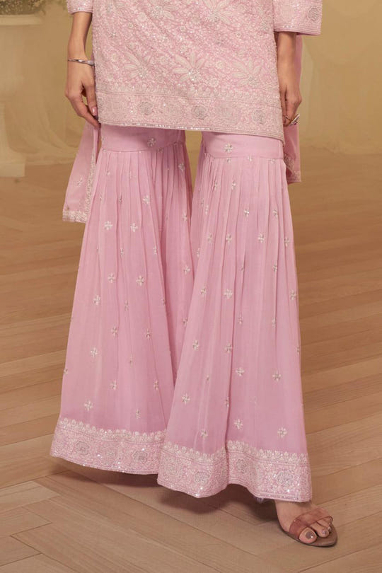 Baby Pink Georgette Embroidered Suit with Embroidered Gharara