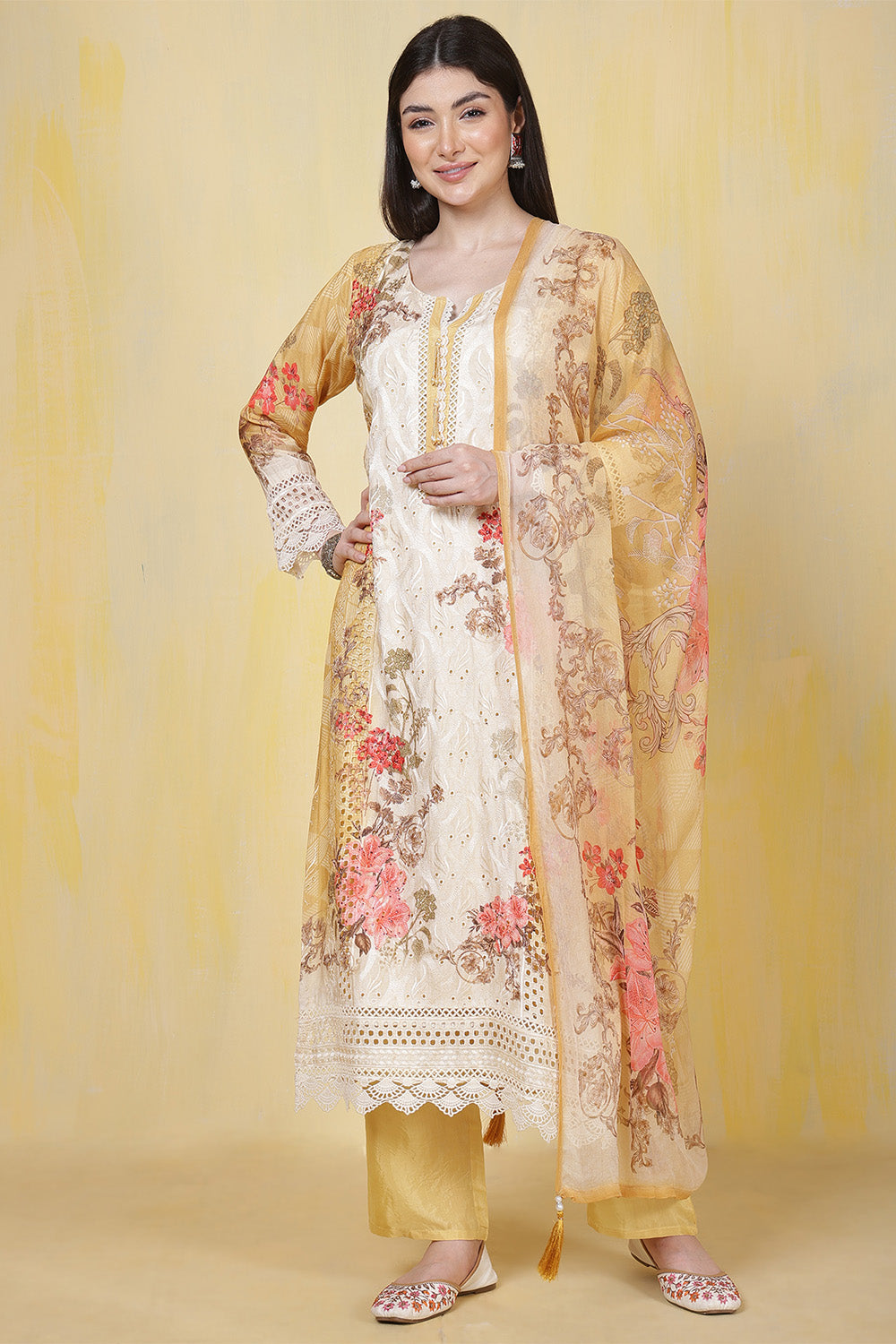 Pale Yellow Crepe Silk Embroidered Printed and Lace Work Suit