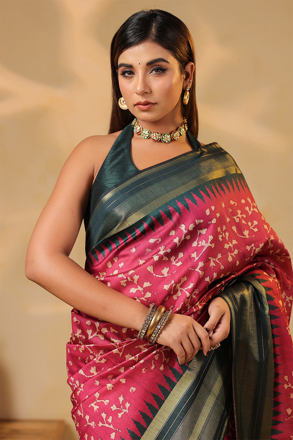 Deep Carmine Tussar Silk Floral Printed and Zari Woven Saree