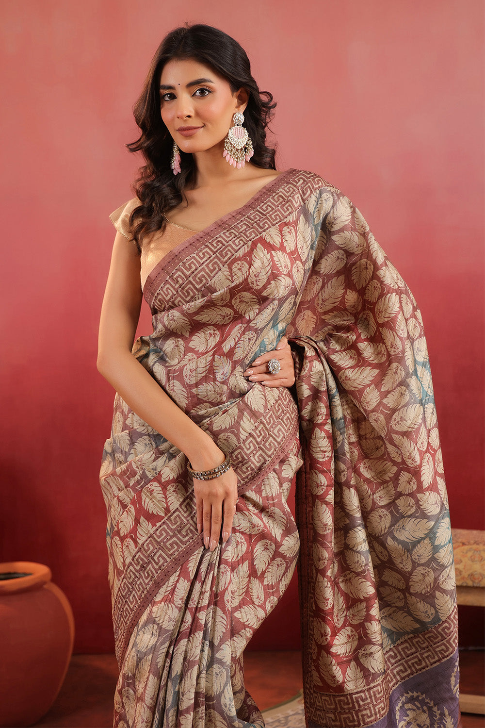 Rust Tussar Silk Printed Saree