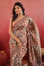 Rust Tussar Silk Printed Saree