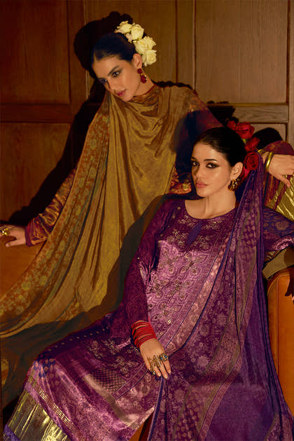 Purple Spun Printed Unstitched Suit Material