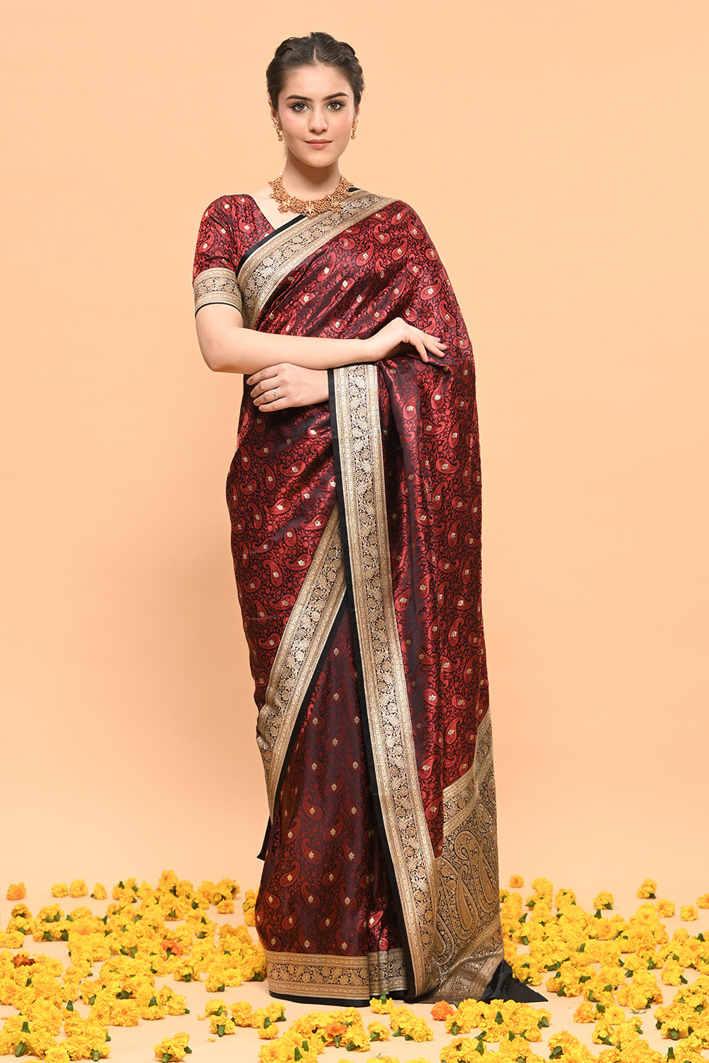 Black & Maroon Color Banarasi Silk Woven Saree