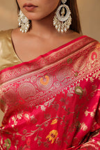 Cherry Red Colour Silk Zari & Resham Woven Saree