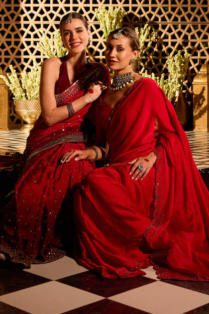 Red Crepe Floral Woven And Embroidered Saree