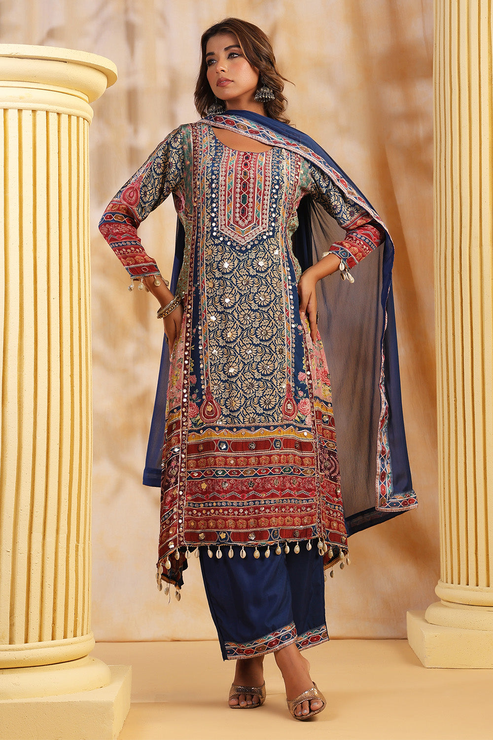Blue Color Crepe Embroidered and Printed Suit