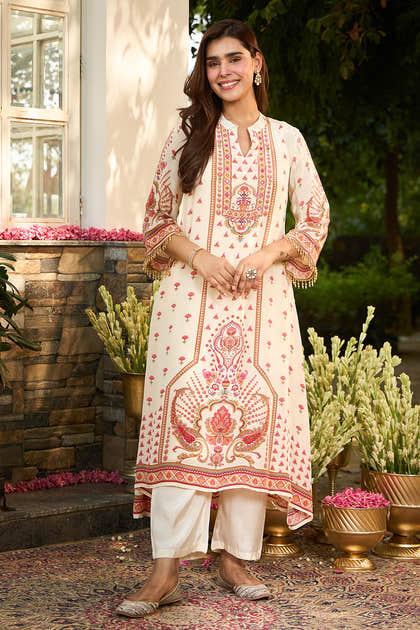 Cream Crepe Silk Printed Kurta Set