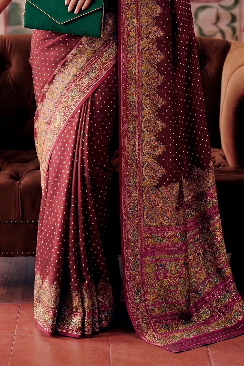 Maroon Soft Silk Kalamkari Woven Saree