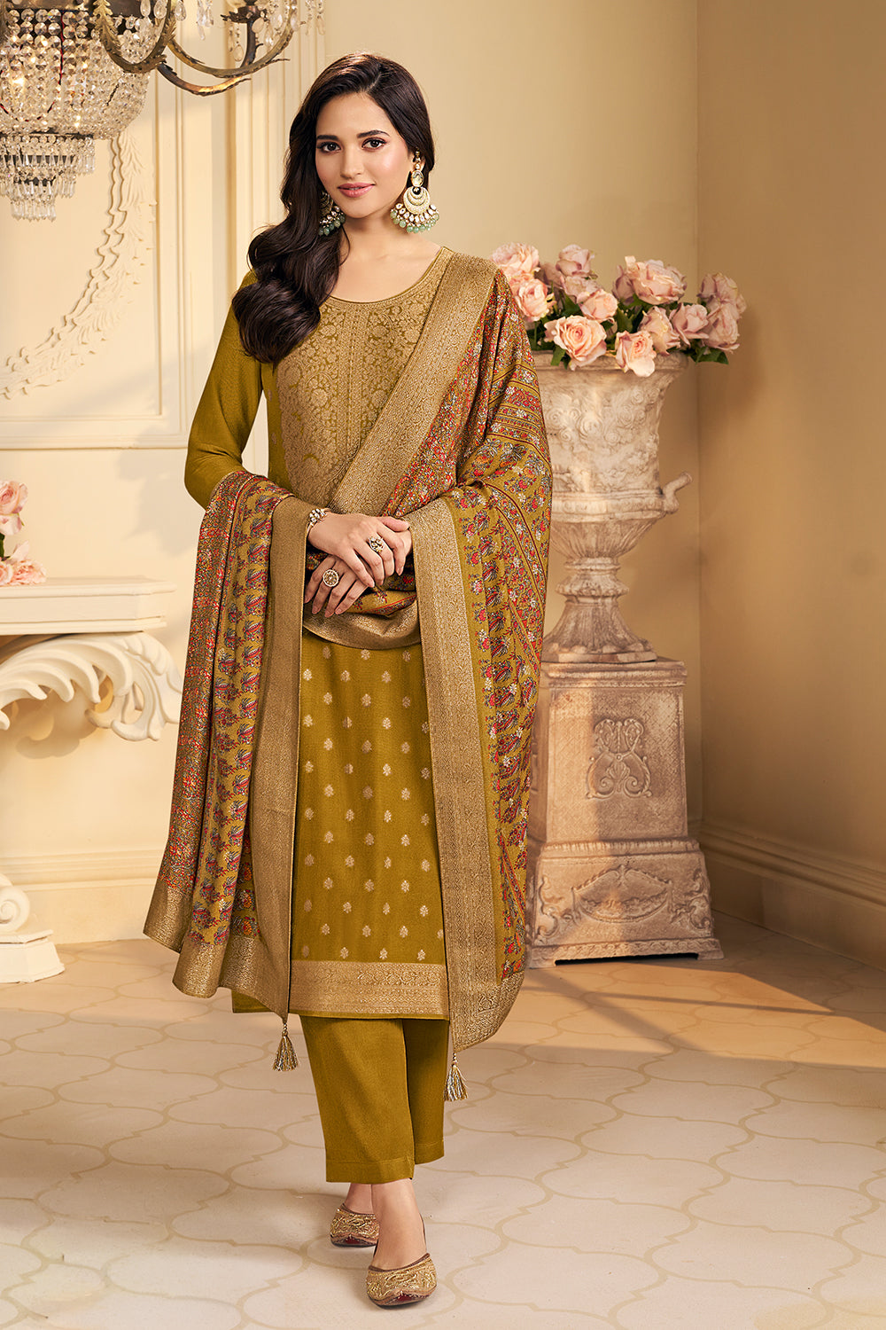 Mustard Pashmina Zari Woven Unstitched Suit Fabric