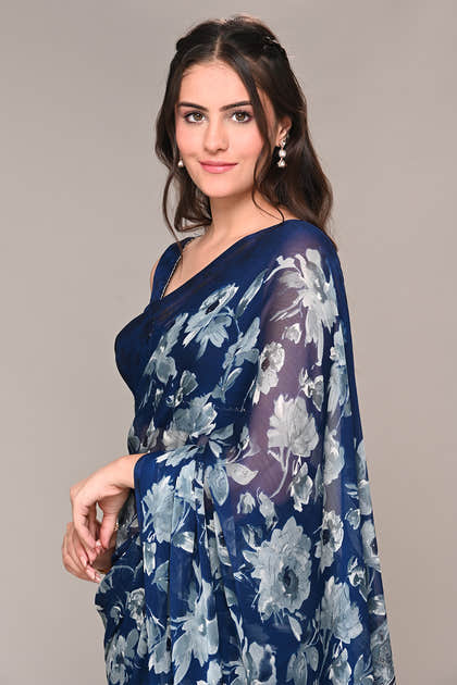 Navy Color Floral Printed Chiffon Saree