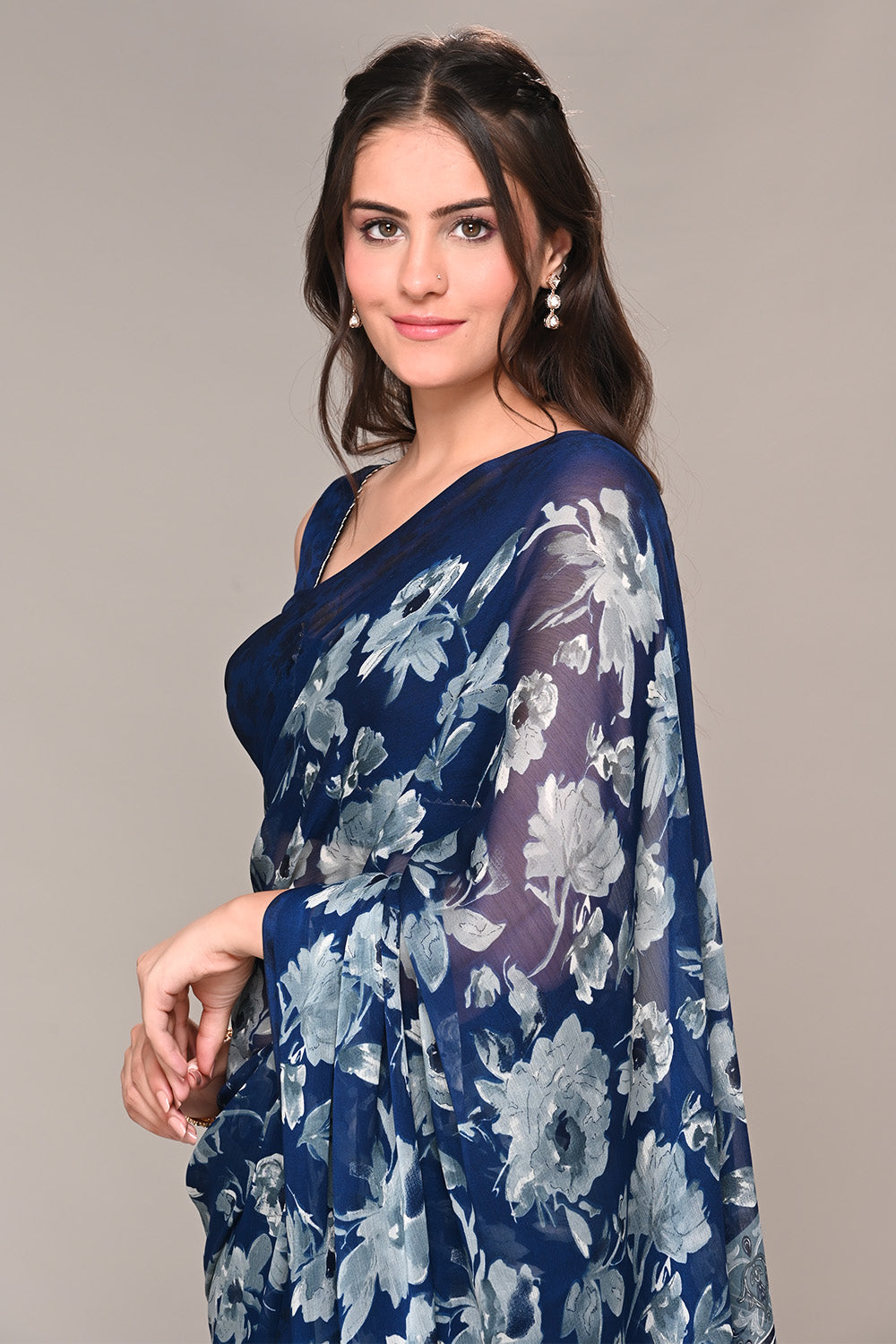 Navy Color Floral Printed Chiffon Saree