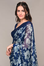 Navy Color Floral Printed Chiffon Saree