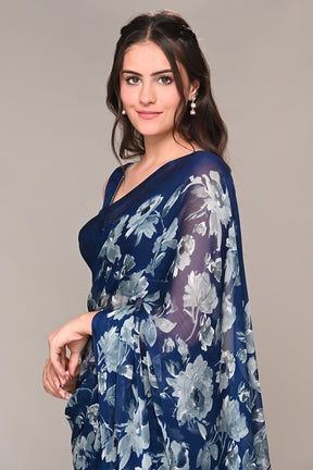 Navy Color Floral Printed Chiffon Saree