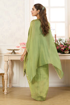 Green Shimmer Fabric Embroidered Cape Jacket with Crop Top & Dhoti Style Pant Co-ord Set