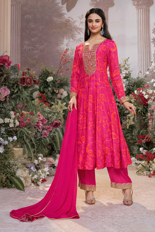 Magenta Pink Printed & Emboridered Anarkali Suit