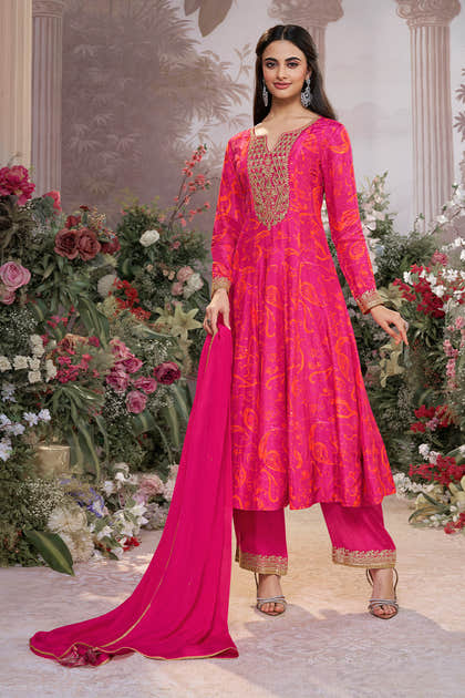 Magenta Pink Printed & Emboridered Anarkali Suit