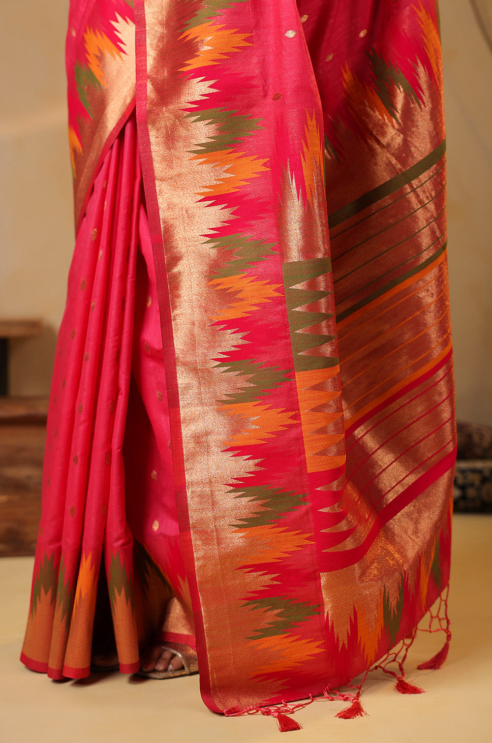 Strawberry Color Cotton Silk Woven Saree
