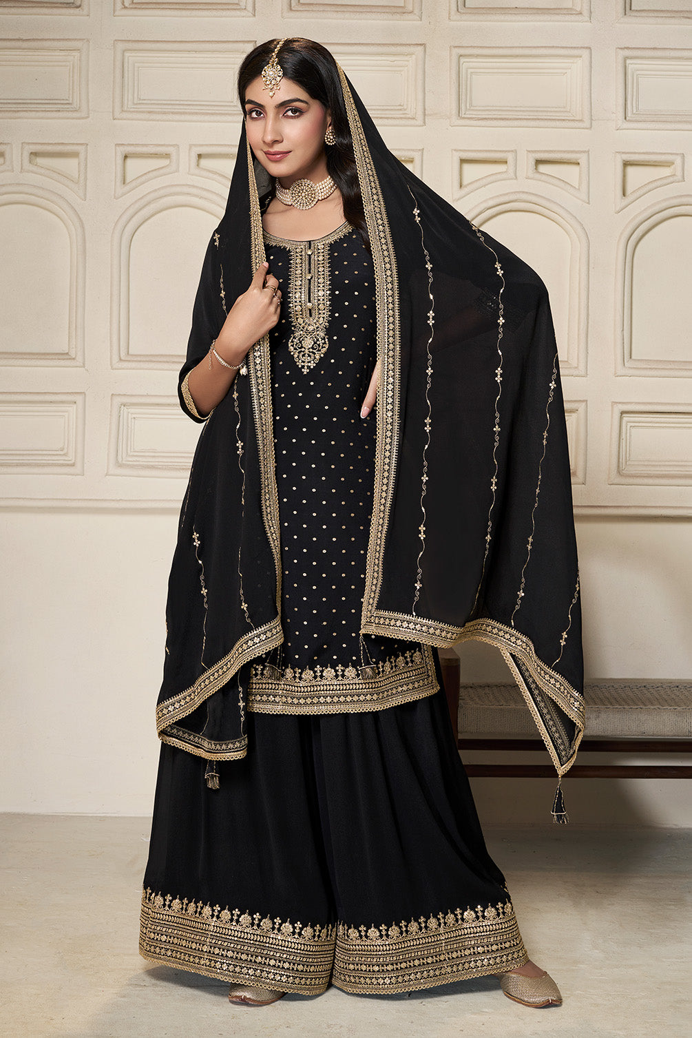 Black Crepe Silk Zari Embroidered Suit With Embroidered Palazzo
