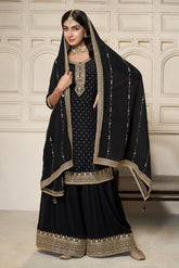 Black Crepe Silk Zari Embroidered Suit With Embroidered Palazzo