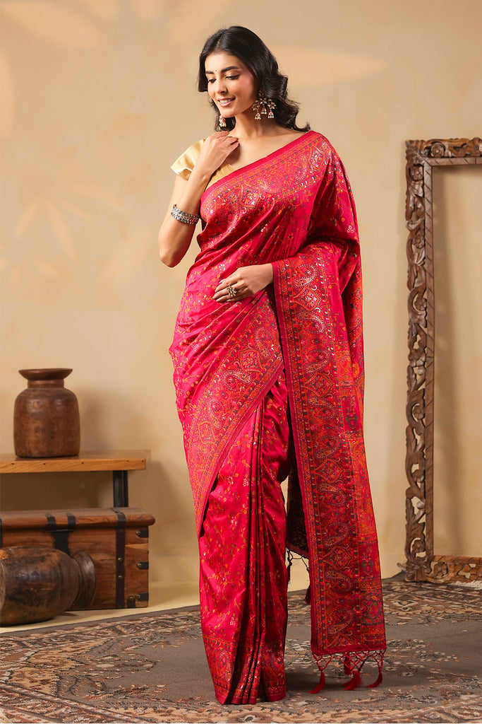Cherry Red South Silk Zari And Resham Woven Saree