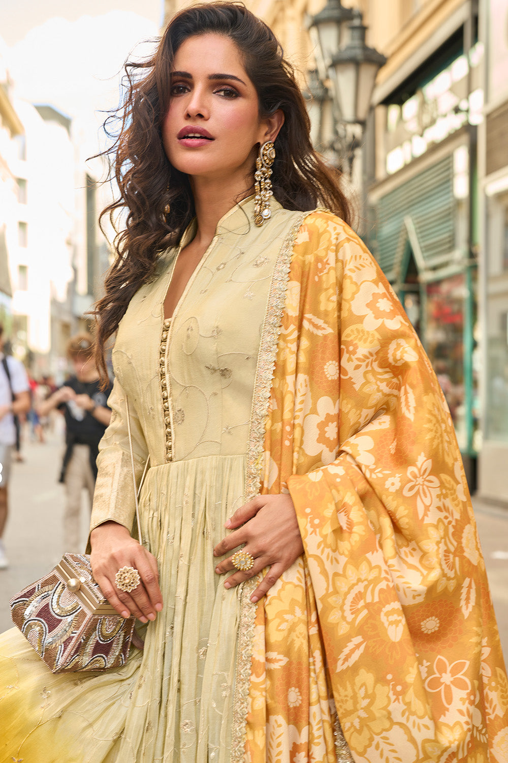 Cream & Mustard Ombre Embroidered Anarkali Suit