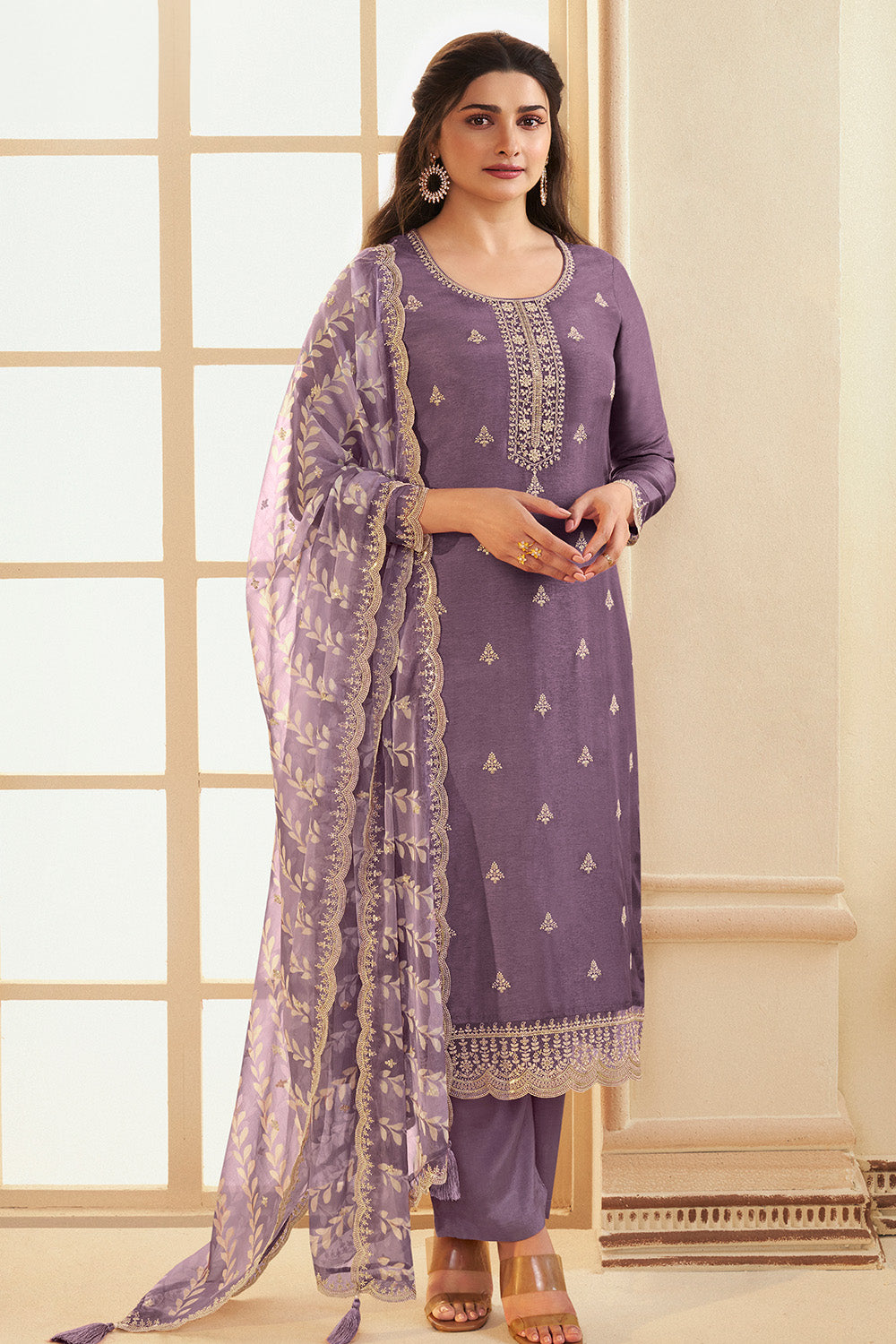 Lavender Color Embroidered Crepe Silk Unstitched Suit Fabric
