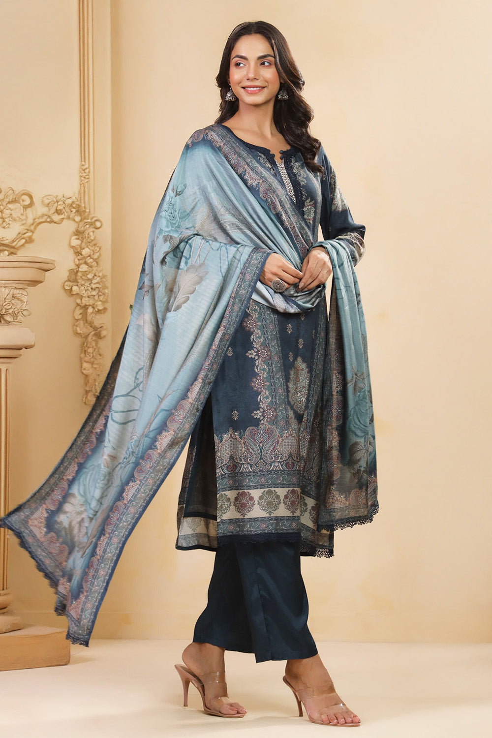 Blue Cotton Silk Printed & Lace Work Suit