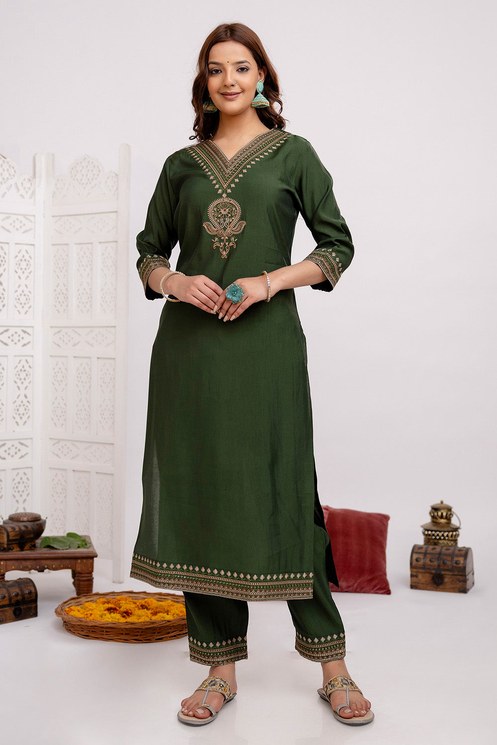 Green Color Resham Embroidered Muslin Straight Suit Set