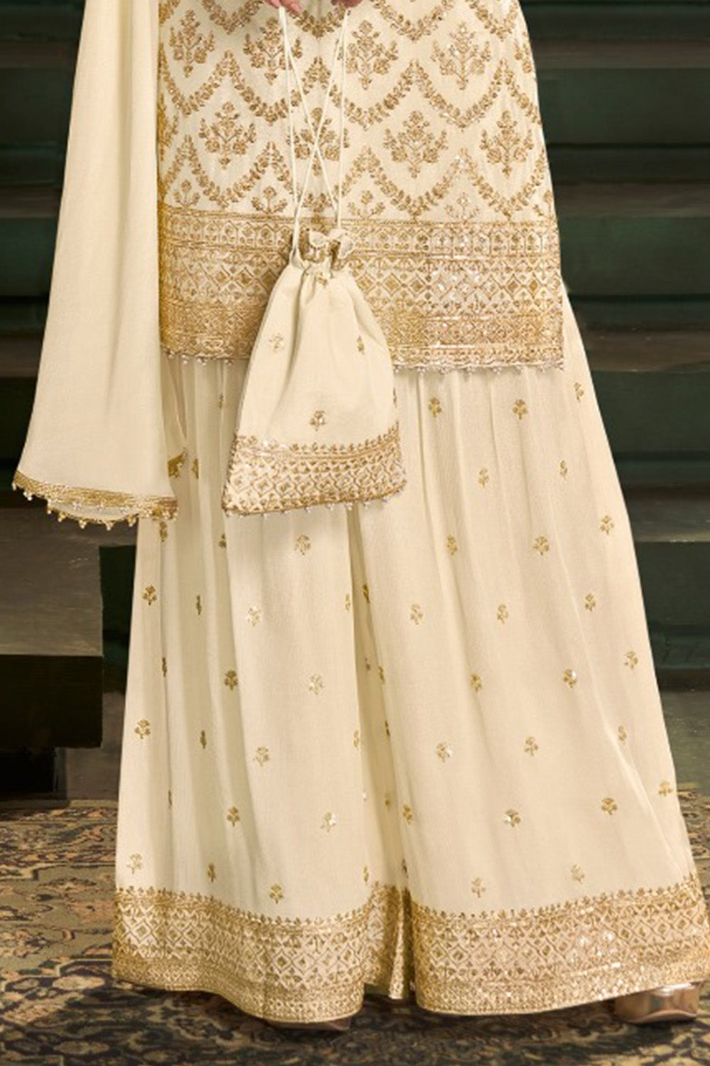 Cream Crepe Silk Zari And Sequins Embroidered Suit With Embroidered Gharara