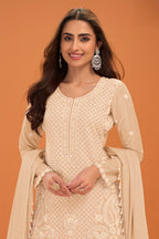 Cream Crepe Silk Cut-Dana And Resham Embroidered Suit With Palazzo