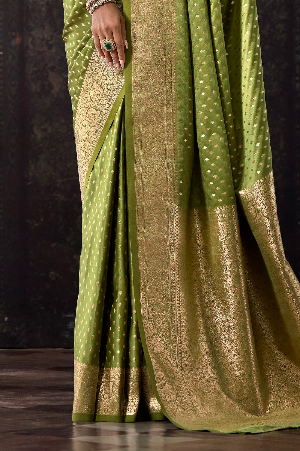 Olive Green Zari Woven Soft Silk Saree
