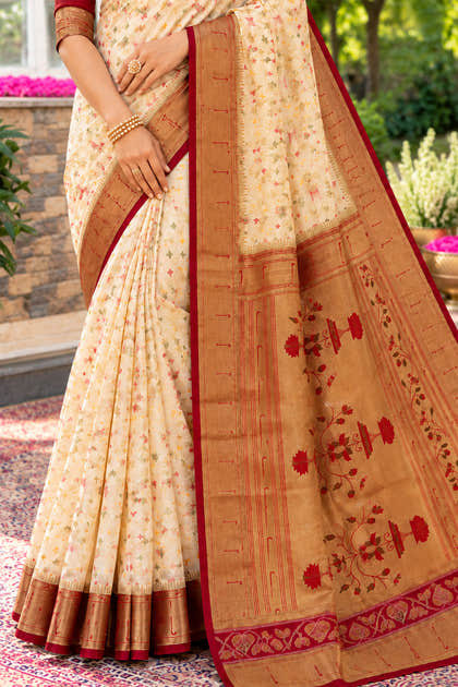 Cream Silk Ikkat Woven Border Saree