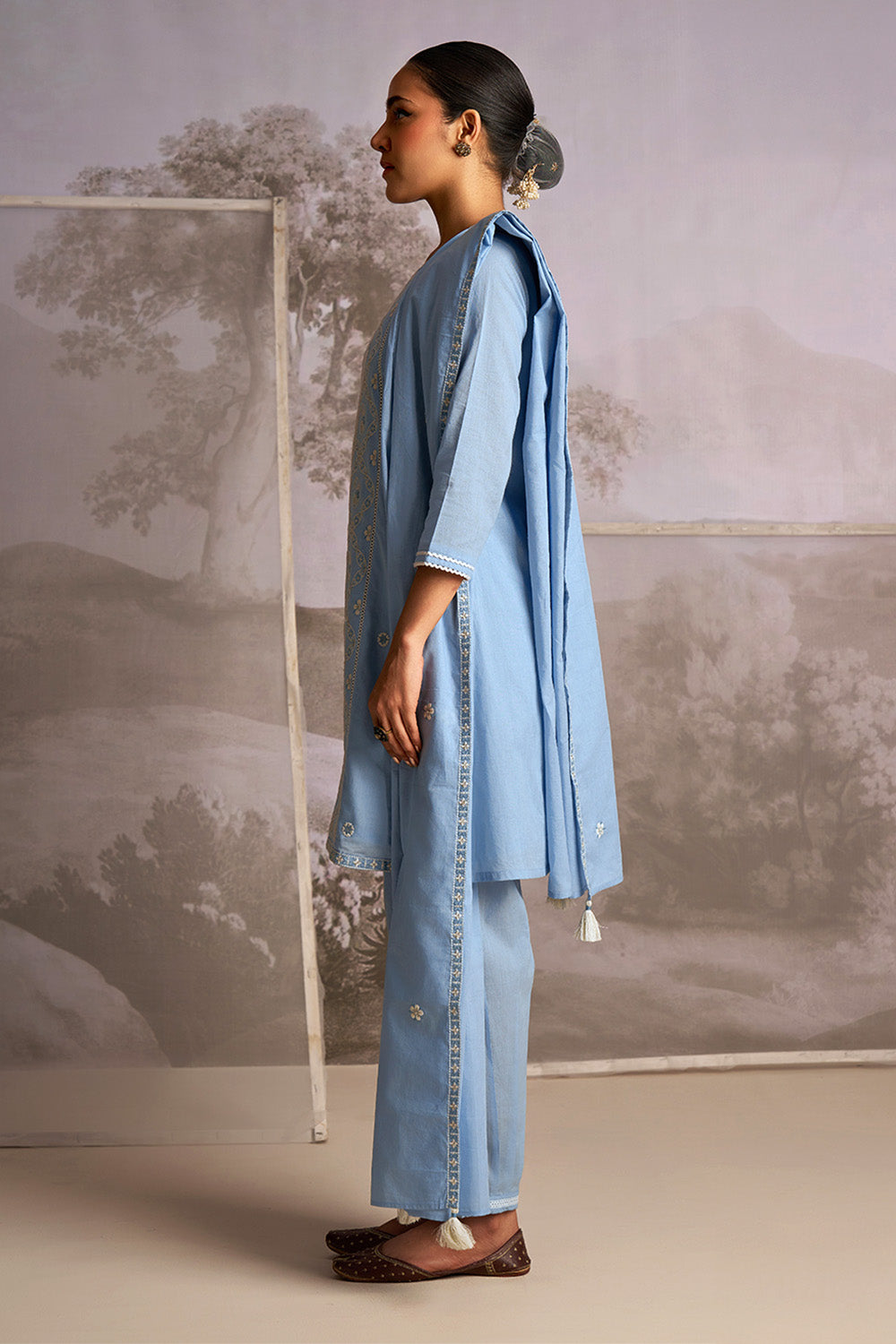 Powder Blue Color Cotton Resham Embroidered Suit